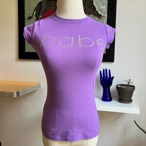 Vintage Y2K Rhinestone Baby Tee | Babe Lavender Cap Sleeve Top | Size XS